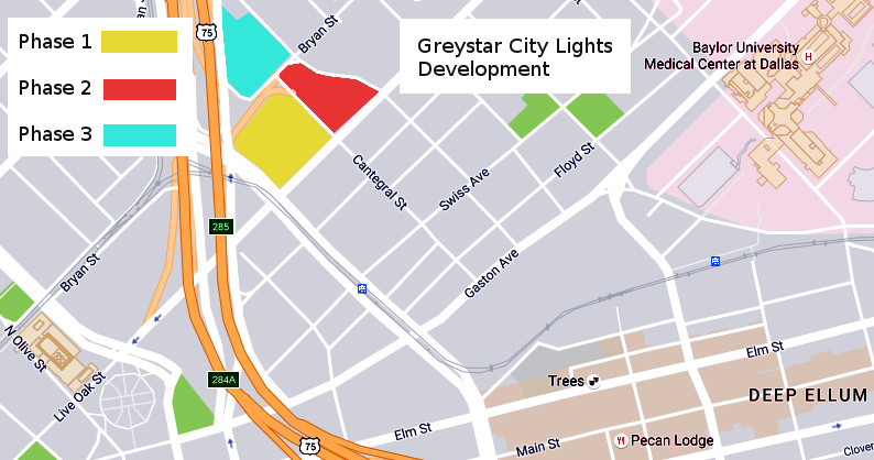 City Lights Phase 2 in red was preceded by the Elan City Lights apartment mid-rise (yellow).
