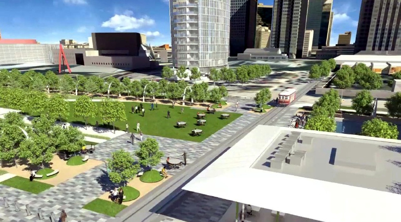 Except for the streetcar, Olive Street would be closed to traffic and converted into a plaza.