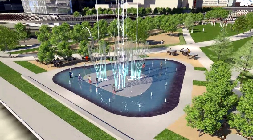 A fountain plaza would border the east end of the park at Pearl Street.