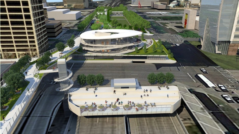 Woodall Rodgers Park Foundation wants a 3-story building with a deck overhanging the freeway and bridge to the Perot Museum.