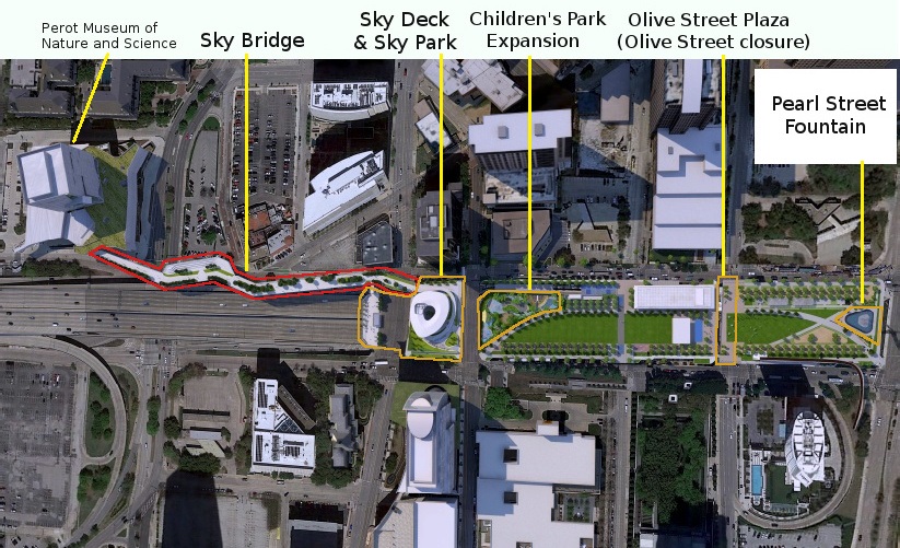 Proposed park additions include a fountain plaza, closing Olive St., expanding the Children's Park.