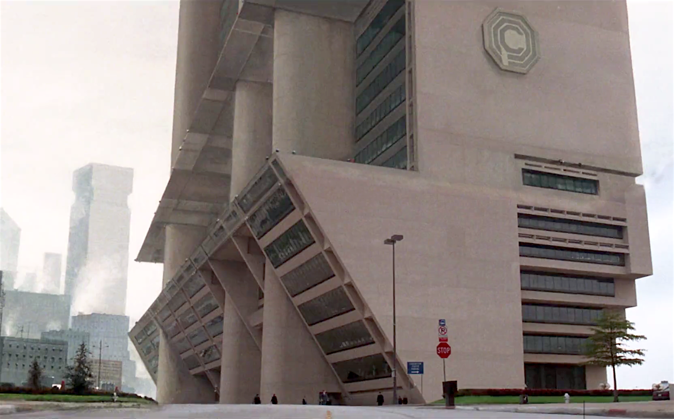 Dallas City Hall, dressed up via matte painting for its role in RoboCop (1987). Photo courtesy of Orion Pictures Corporation.
