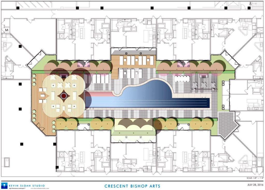 The apartment courtyard with Steps of Zang includes a "Stevie Ray" guitar-shaped pool.