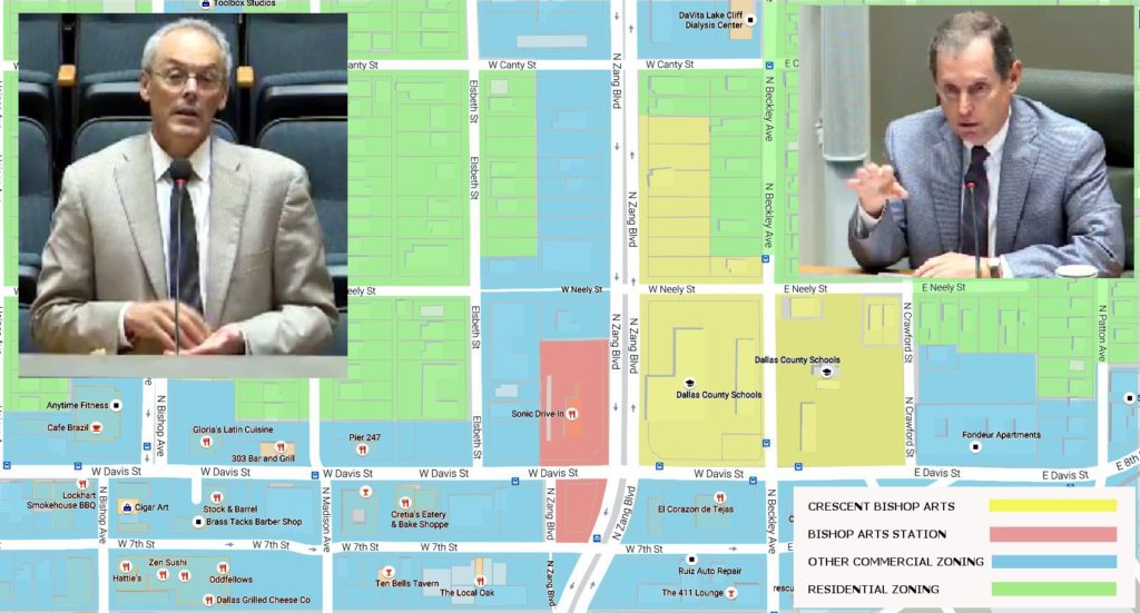 Crescent Communities consultant Rob Baldwin (left) and City Plan Commissioner Michael Anglin discuss land uses in the Bishop Arts District.