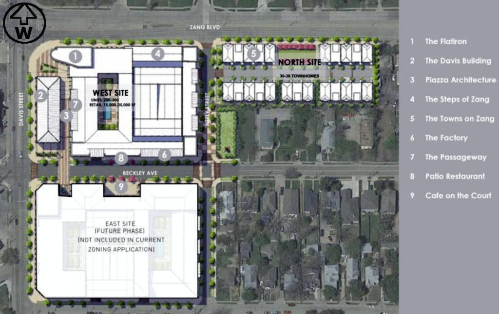 The Crescent Bishop Arts first phase site plan, with north facing to the right.