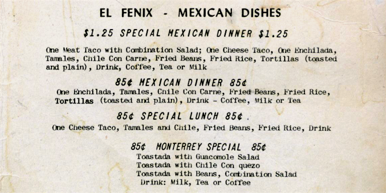 Part of the menu at El Fenix, from about 1945-1955. Photo courtesy of the Portal to Texas History.