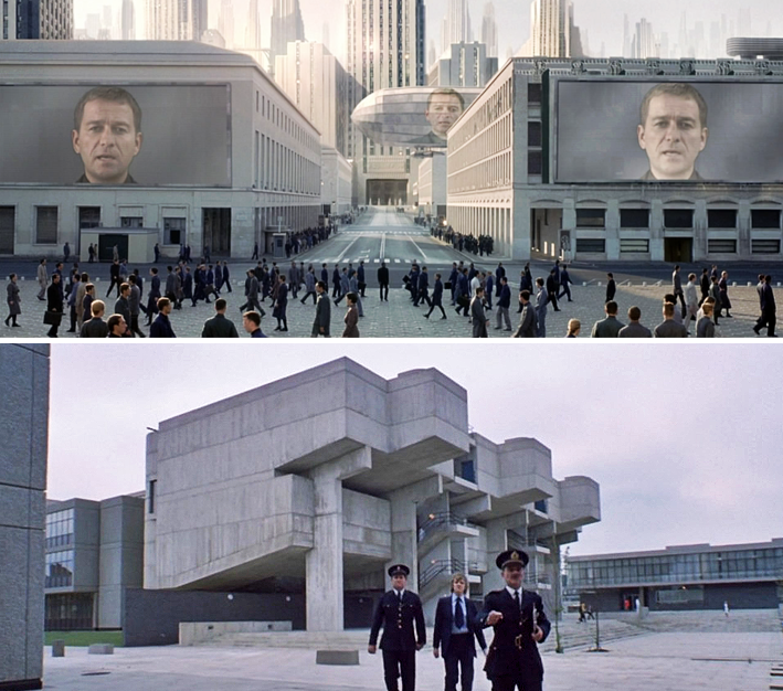 Brutalist architecture features prominently in the dystopian films Equilibrium (Top) and A Clockwork Orange (Bottom).