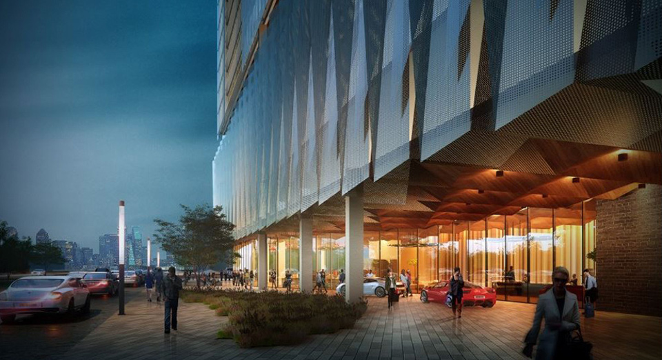 Exterior evening concept at street level of the Virgin Hotels Dallas in the Design District