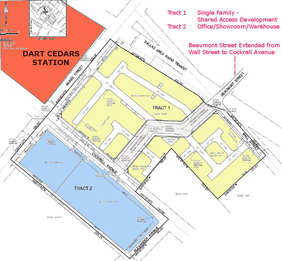 InTown Homes proposes a new public street by extending Beaumont to Cockrell, giving residents greater walkable access to the DART Cedar Station (red).