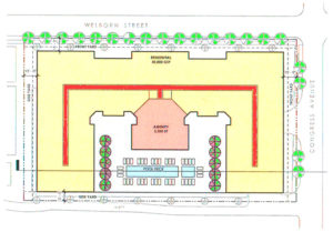 The Toll Brothers' building footprint has an "M" shape and a ground level pool facing the alley.
