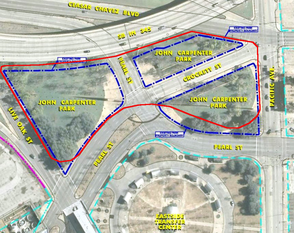 Carpenter Park today is divided in three sections (blue outlines). PDD proposes closing Crockett Street and realigning Pearl Street to create a unified park.