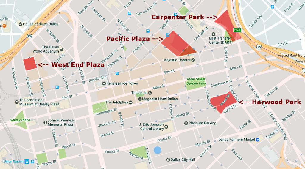 The proposed downtown parks: Carpenter Park, Harwood Park, Pacific Plaza, West End Plaza