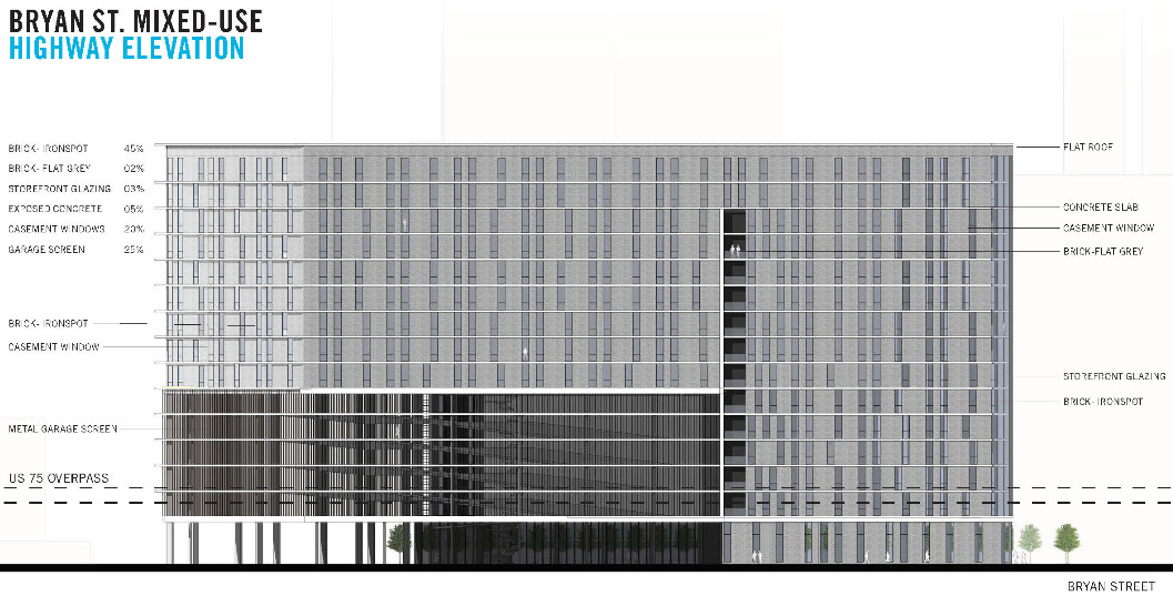 The 15-story elevation of the residential tower, as it would appear from the highway frontage. Courtesy: Perkins+Will.