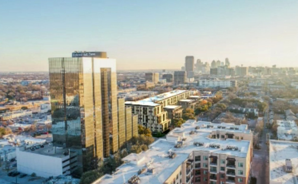 Alliance Residential proposes building a tiered structure (center) that is highest where it faces the gold Highland Park Place Tower and drops in height toward Cole Avenue and the residential neighborhood. Courtesy of Alliance Residential Company.