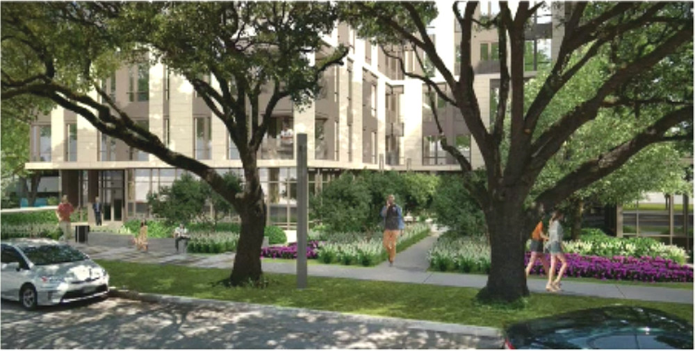 The Knox-Henderson project includes broad sidewalks next to spacious courtyards, all under shaded preserved live oak trees. Courtesy of Alliance Residential Co.