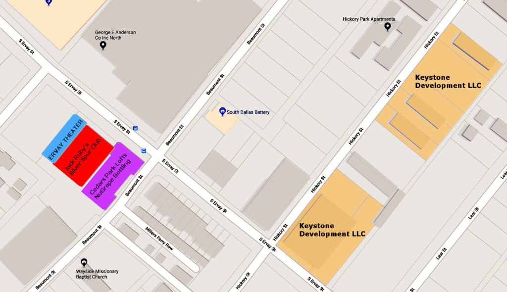 The Ervay and NuGrape commercial block is in a neighborhood experience rapid development. Keystone Development LLC is about to build apartments within a block of the Ervay. Google Map with graphics by Adolfo Pesquera.