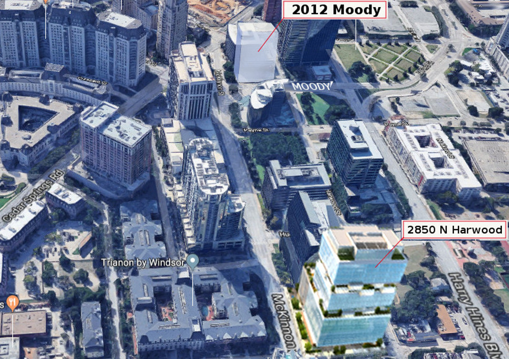 Harwood International plans to complete Harwood No. 10, in the forefront, this fall. Construction may start in a 20-story hotel, 2012 Moody St., this summer. Google Earth map/Graphics by Adolfo Pesquera.