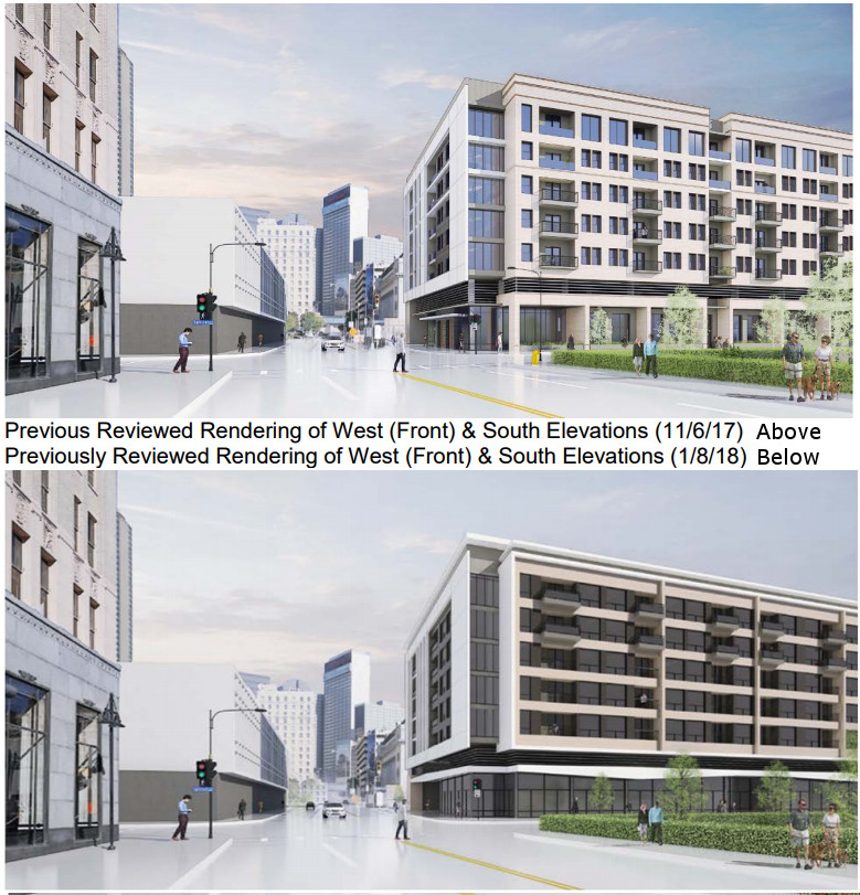 Initial and final versions of the south elevation, with the future Harwood Park illustrated to the left. Courtesy of 5G Studio Collaborative.