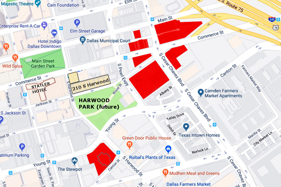 Recent activity in the Harwood Historic District includes properties purchased by Todd Interests (red), the pending construction of Jackson Apartments at 210 S. Harwood, and Harwood Park. Google Map with graphics by Adolfo Pesquera.