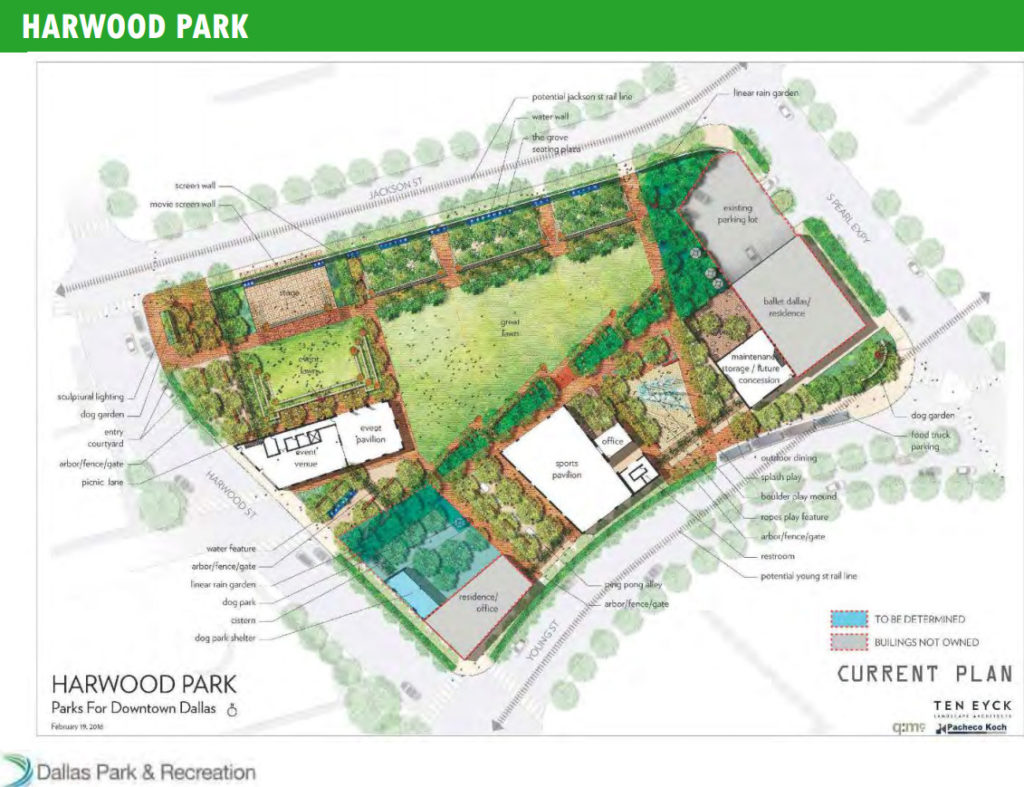 Conceptual design for Harwood Park. Courtesy of Parks for Downtown Dallas.
