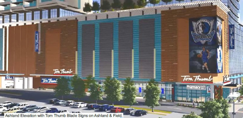 The facade and signage of the Tom Thumb, as presented to the City Plan Commission last month. Courtesy of RED Development.