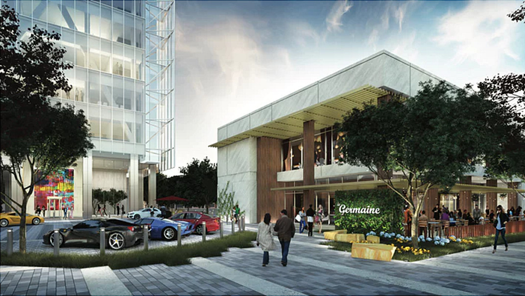 Illustration for a restaurant at the corner of Cedar Springs Road and Maple Avenue. A glass and steel office tower would rise up behind it, possibly as high as 28 stories. Courtesy of GFF.