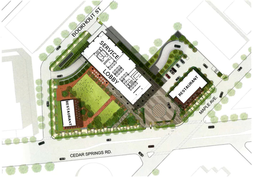 The conceptual site plan for the reinvention of Cedar Maple Plaza includes one office tower, two detached restaurant buildings, a circular vehicle entrance leading to underground parking and a landscaped open space. Courtesy of GFF.