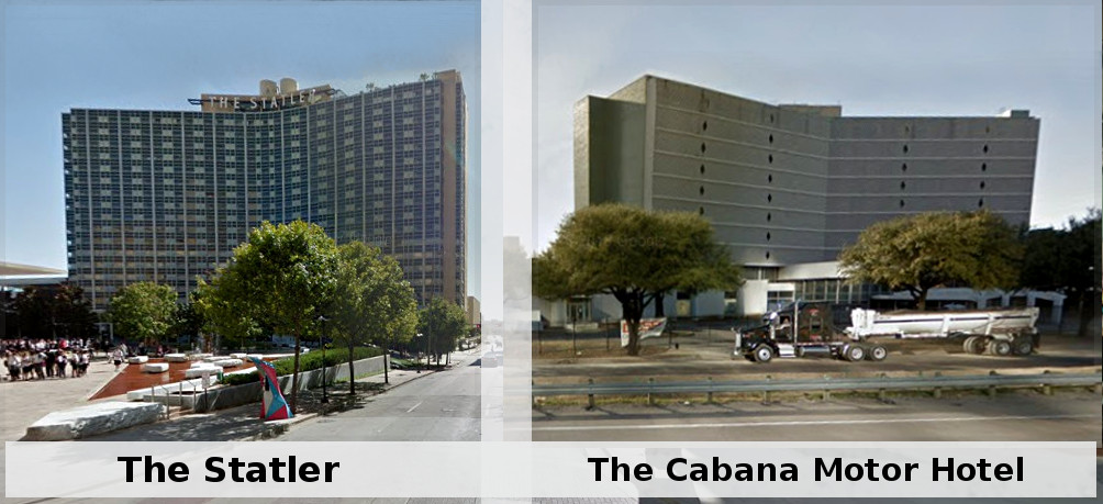 One of these is much like the other. The Statler and the Cabana Motor Hotel, both constructed in the late 1950s. Google Street View images.