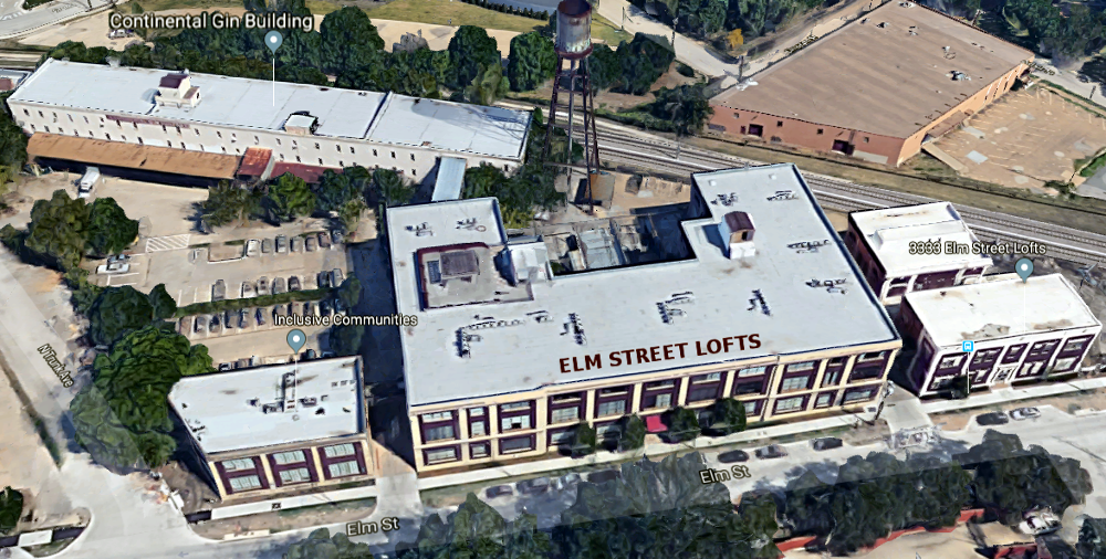 Aerial view of the Continental Gin Co. Building and the Elm Street Lofts. Image: Google Streets.