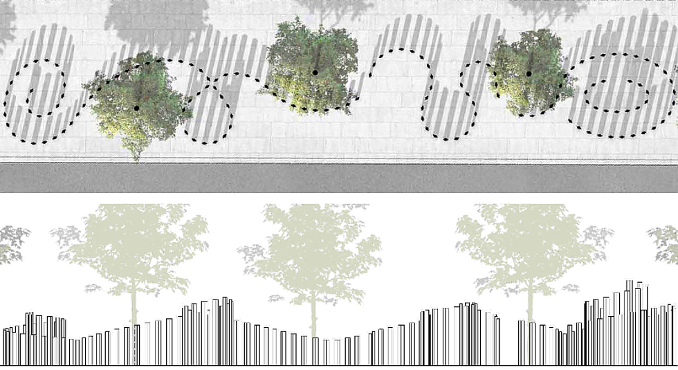 Overhead and street level diagrams of the planned steel mirror columns and sidewalk landscaping. Courtesy: Merriman Anderson Architects.