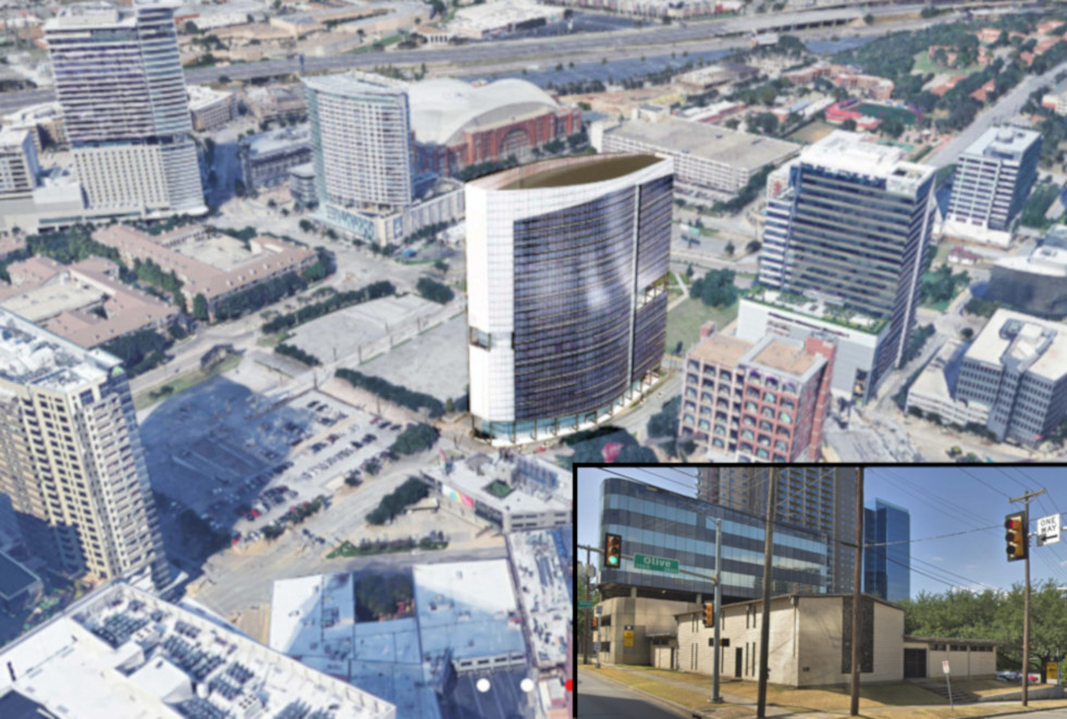 Bird's-eye view of The Link at Uptown, just a few blocks from American Airlines Center. Inset (lower right) of the church and office building that must be removed. Courtesy: Kaizen and Google Streets.