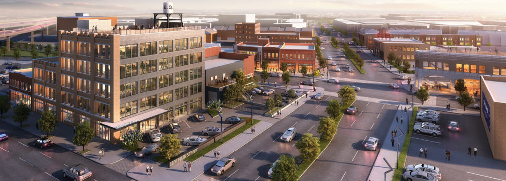 Omniplan concept rendering (above) of East Quarter at full completion. The same intersection (below) during summer construction; image: Google Streets.