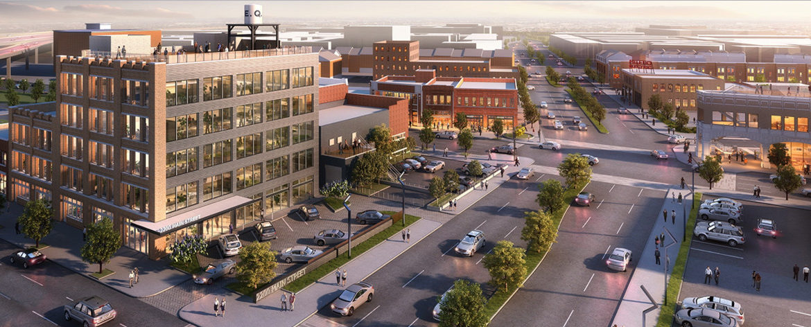 Omniplan concept rendering (above) of East Quarter at full completion. The same intersection (below) during summer construction; image: Google Streets.