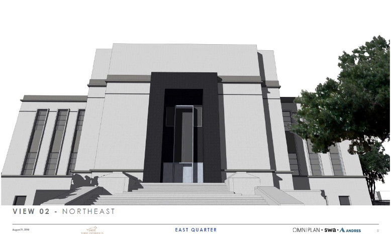 Sidewalk view of the front entrance to the Masonic Temple. Rendering courtesy of Todd Interests.