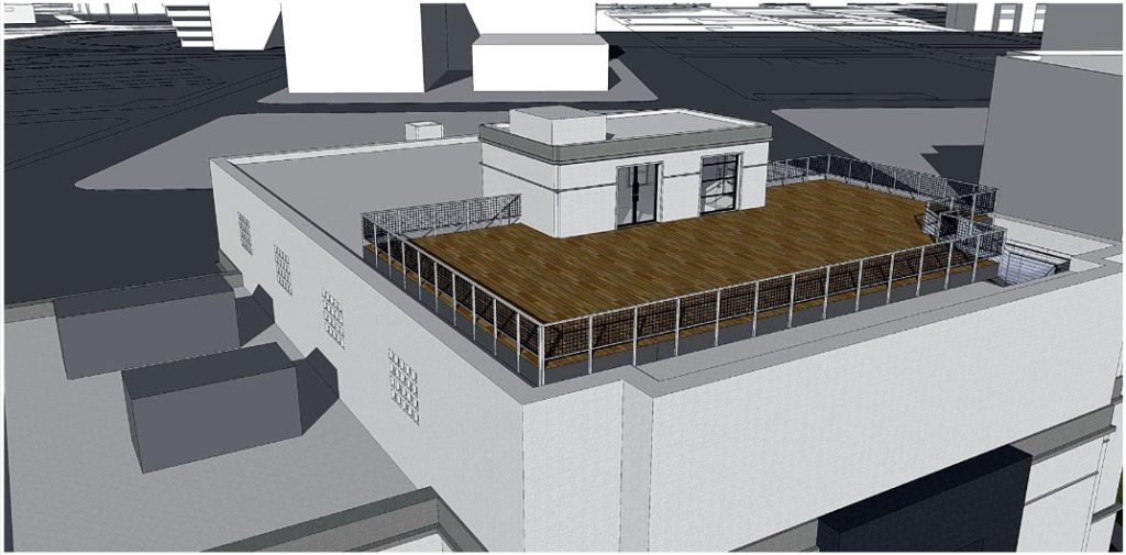 Architectural rendering of the planned elevator penthouse and roof deck for the historic Masonic Temple. Courtesy: Todd Interests.