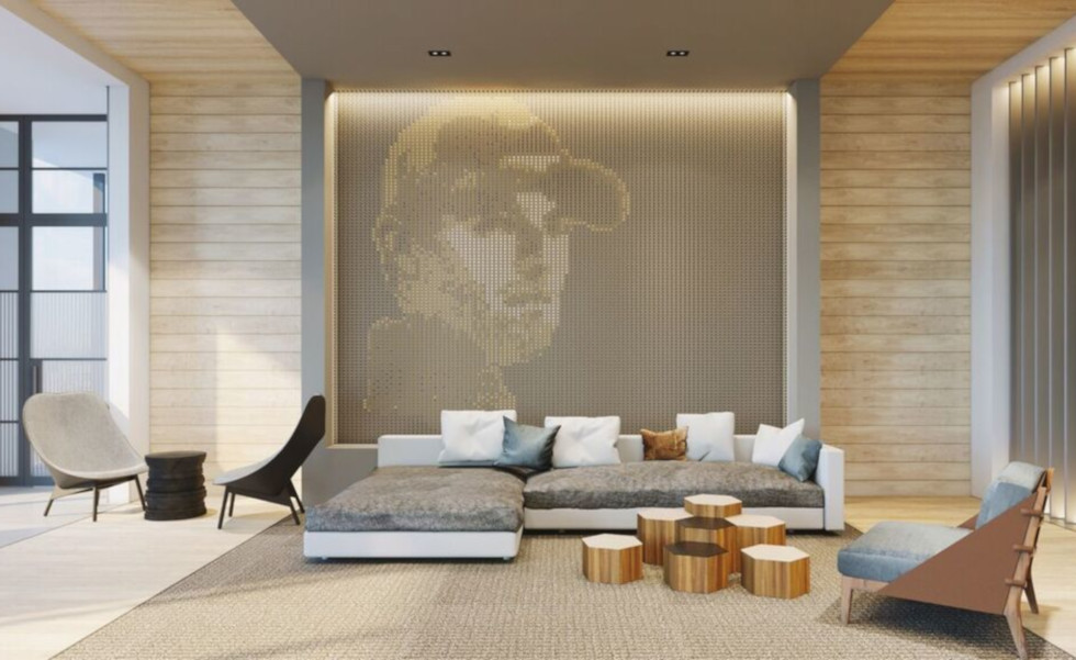 An amenity lounge at The Victor, with artsy interiors by Eric Ragni.