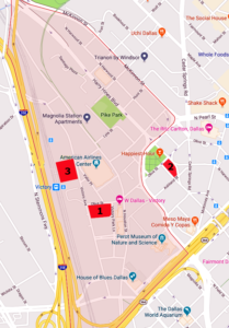 (1) The Victor by Hines; (2) The Link at Uptown by Kaizen; (3) 12-story office tower by Hillwood Urban. Image: Google Maps/Graphics, Adolfo Pesquera.