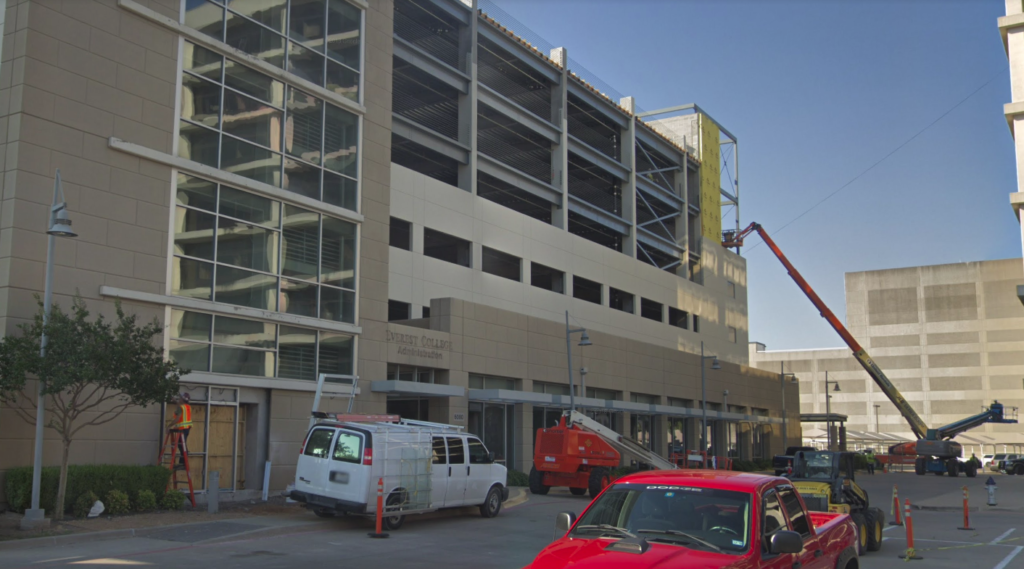 June 2018 photo of the parking garage expansion that preceded the mixed-used development for Crossing Dallas. Image: Google Streets.
