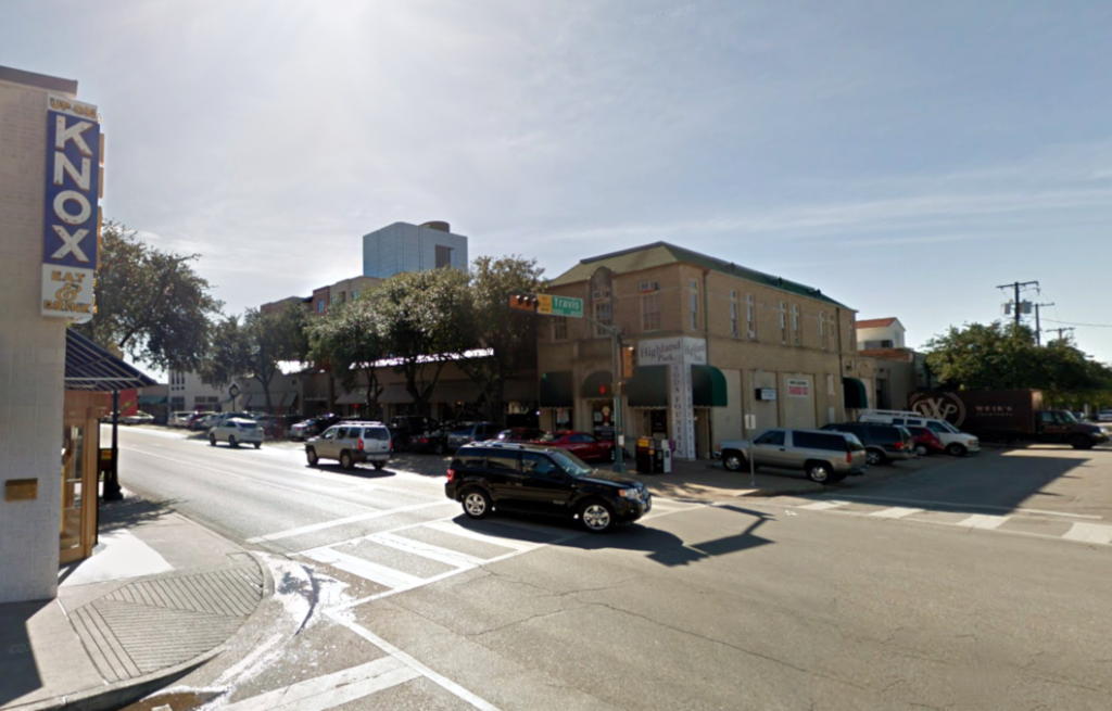 The Highland Park Soda Fountain at the corner of Knox and Travis streets, was a Knox District institution since 1912. It closed in September. Image: Google Streets.