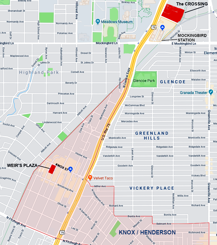 Weir's Plaza will be in the Knox District commercial center of the Knox-Henderson neighborhood (pink zone). Google map with graphics by Adolfo Pesquera.